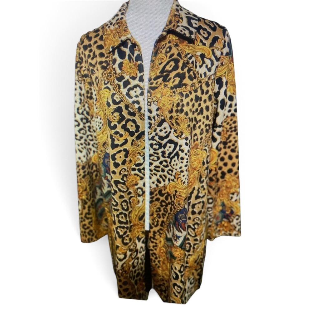 IMAN Leopard Baroque Chain Long Jacket Duster Cardigan Women's Size L